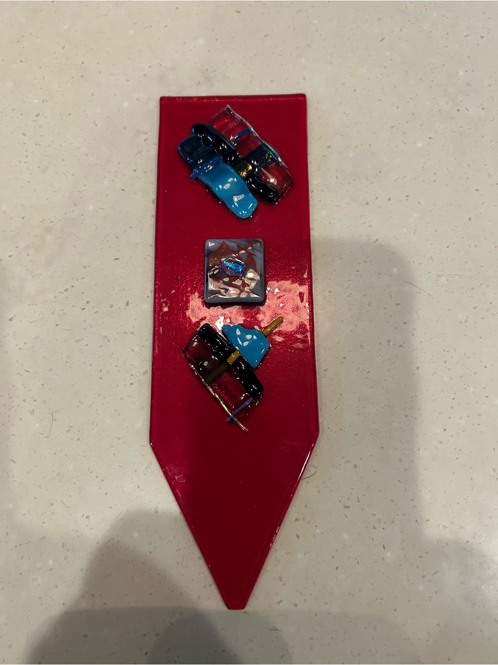 Handmade Large Glass Plant Stake - Red Glass with Blue accents